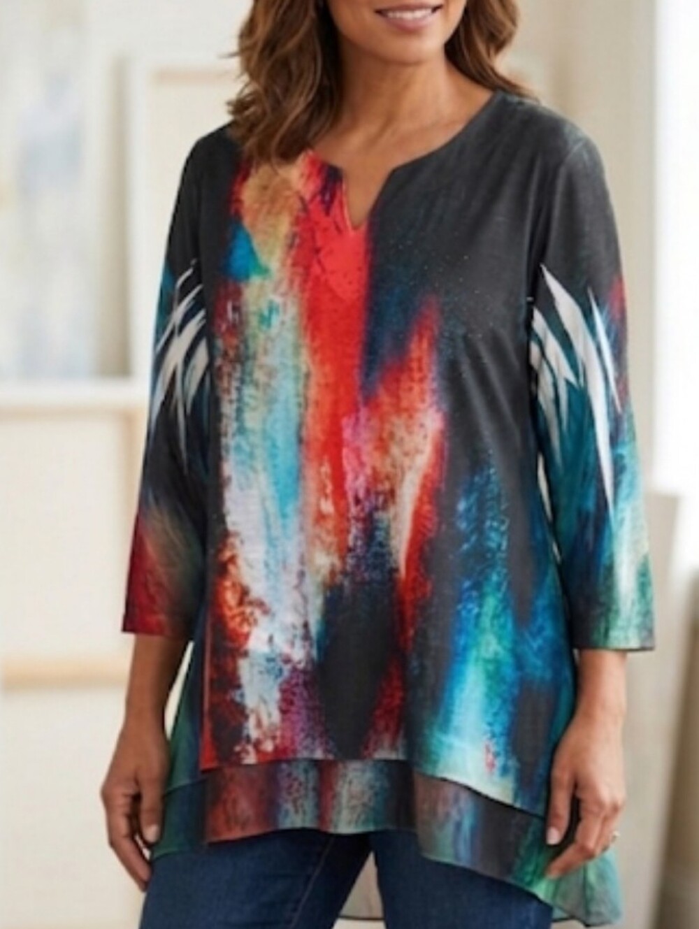 Jess & Jane Passion Chiffon Contast Tunic Multi Color Abstract Asymmetrical Hem